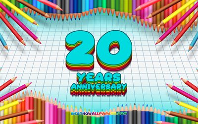 4k, 20 aniversario de signo, de colores l&#225;pices de marco, Aniversario concepto, azul a cuadros de fondo, 20 aniversario, creativo, de 20 A&#241;os de Aniversario