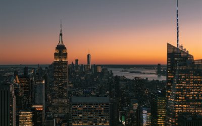 4k, Empire State Building, sunset, Manhattan, modern buildings, american cities, nightscapes, NYC, skyscrapers, New York, USA, Cities of New York, New York at evening, America