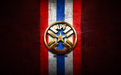 Paraguay National Football Team, golden logo, South America, Conmebol, red metal background, Paraguayan football team, soccer, APF logo, football, Paraguay