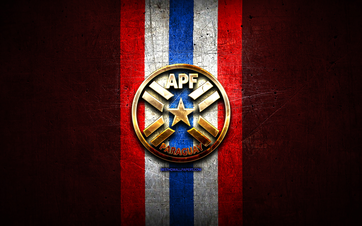 Paraguay Landslaget, golden logotyp, Sydamerika, Conmebol, red metal bakgrund, Paraguyanska fotboll, fotboll, APF logotyp, Paraguay
