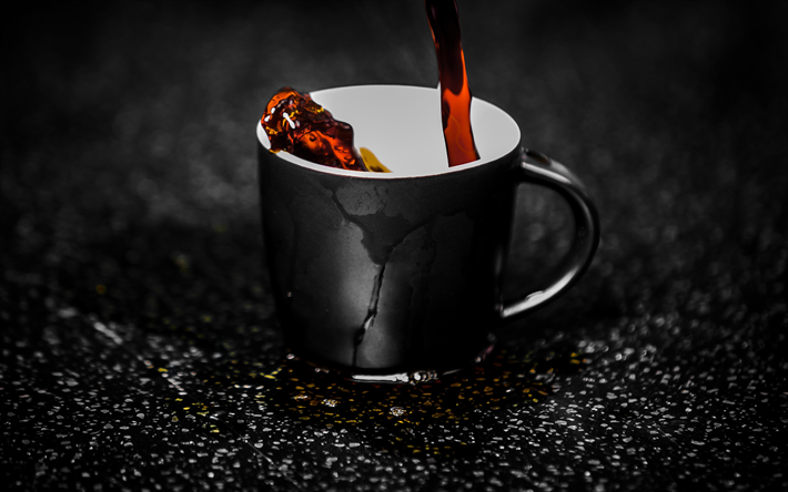 cup with coffee, 4k, pouring coffee, good morning, coffee beans, coffee cup, coffee