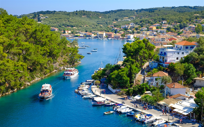 Corfu, Mar J&#244;nico, ver&#227;o, bay, iates, ilha, Gr&#233;cia, bela cidade