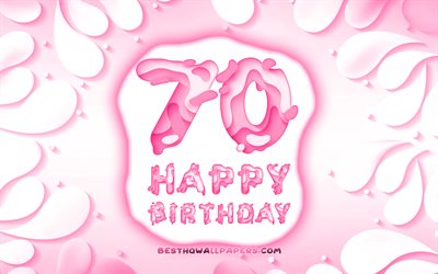 Happy 70 Years Birthday, 4k, 3D petals frame, Birthday Party, purple background, Happy 70th birthday, 3D letters, 70th Birthday Party, Birthday concept, 70th Happy Birthday, artwork, 70th Birthday