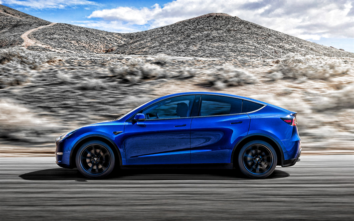 Tesla Model Y, 2020, exterior, side view, electric crossover, new blue Model Y, electric cars, american cars, Tesla