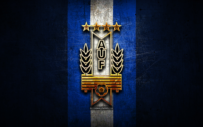 uruguay-fu&#223;ball-nationalmannschaft, golden logo, s&#252;damerikas, conmebol, blau metall-hintergrund, uruguay, fu&#223;ball-team, fu&#223;ball -, auf-logo, fu&#223;ball