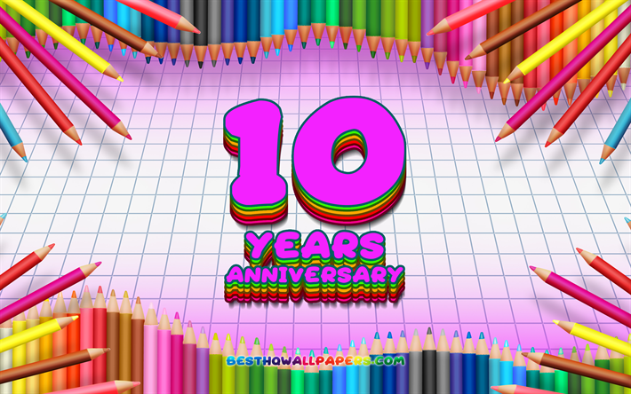 4k, 10周年記念サイン, 色鉛筆をフレーム, コンセプト, 紫チェッカーの背景, 10周年記念, 創造