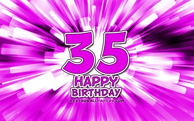 Happy 35th birthday, 4k, purple abstract rays, Birthday Party, creative, Happy 35 Years Birthday, 35th Birthday Party, 35th Happy Birthday, cartoon art, Birthday concept, 35th Birthday