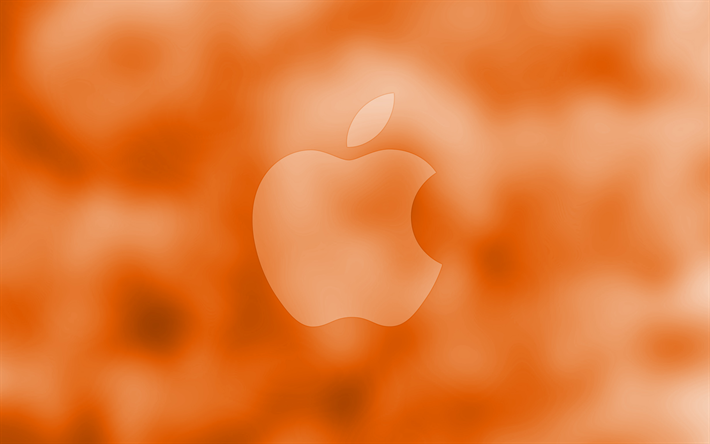 apple-logo, 4k-orange unscharfen hintergrund, apfel -, minimal -, apfel-orange-logo, artwork