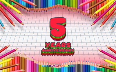 4k, 5th anniversary sign, colorful pencils frame, Anniversary concept, red checkered background, 5th anniversary, creative, 5 Years Anniversary