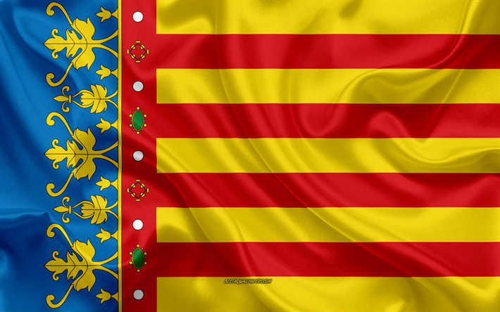 Valence Drapeau, 4k, la texture de la soie, de la soie du drapeau, province espagnole, Valence, Espagne, Europe, Drapeau de Valence, les drapeaux des provinces espagnoles