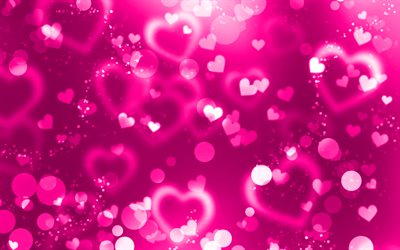 purple glare hearts, 4k, purple glitter background, creative, love concepts, abstract hearts, purple hearts