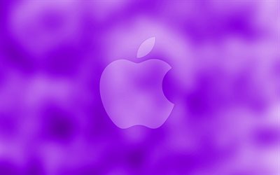 Apple logo, 4k violet blurred background, Apple, minimal, Apple violet logo, artwork