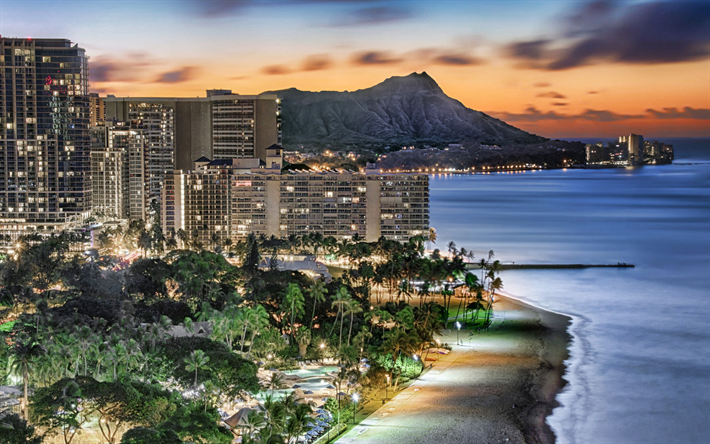 Waikiki, Honolulu, morgon, soluppg&#229;ng, ocean, kusten, Hawaii, USA, Honolulu stadsbilden