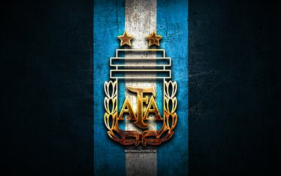 Argentina Squadra Nazionale di Calcio, logo dorato, Sud America, Conmebol, blu, metallo, sfondo, Argentino, calcio di squadra, calcio, AFA, logo, Argentina