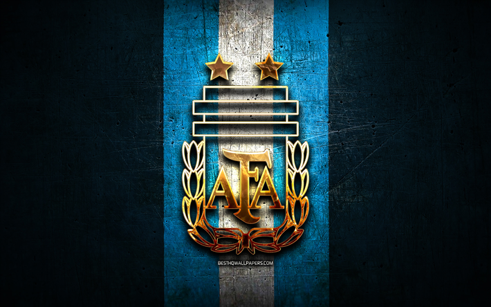argentina national football team-golden logo, s&#252;damerikas, conmebol, blau metall-hintergrund, den argentinischen fu&#223;ball-nationalmannschaft, fu&#223;ball -, afa-logo, fu&#223;ball, argentinien