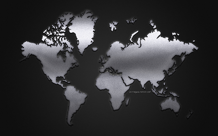 World Map, metal art, metal world map, gray carbon background, map background, World Map Silhouette