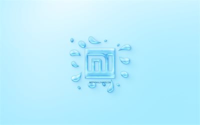 Xiaomi logo, water logo, emblem, blue background, Xiaomi logo made of water, creative art, water concepts, Xiaomi