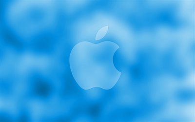Apple blue logo, 4k blue blurred background, Apple, minimal, Apple logo, artwork