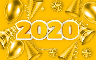 Yellow 2020 background, 2020 greeting card, Happy New Year 2020, 3d 2020 Yellow background, 2020 concepts, creative 3d art, 2020 background with balloons