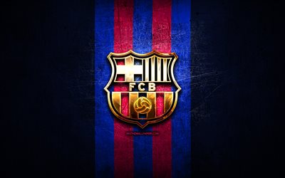Download wallpapers FC Barcelona logo, La Liga, golden logo, blue metal