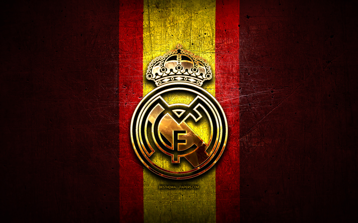 O Real Madrid FC, ouro logotipo, bandeira da espanha, A Liga, vermelho de metal de fundo, futebol, O Real Madrid CF, clube de futebol espanhol, O Real Madrid logo, LaLiga, Espanha