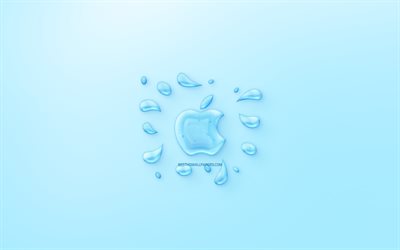 apple logo -, wasser -, logo-emblem, blauer hintergrund, apple logo aus wasser, kreative kunst, wasser, konzepte, apple
