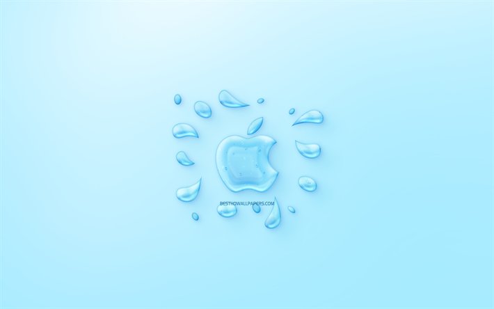Apple logo, water logo, emblem, blue background, Apple logo made of water, creative art, water concepts, Apple