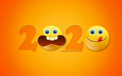 Criativo 2020 plano de fundo, 2020 cart&#227;o de sauda&#231;&#227;o, 3D 2020 plano de fundo, Amarelo 2020 plano de fundo com sorrisos, Feliz Ano Novo 2020, 2020 conceitos, 2020 Ano Novo