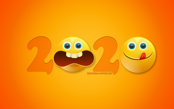 Creative 2020 fond, 2020 carte de voeux, carte 3D 2020 fond, Jaune 2020 arri&#232;re-plan avec des sourires, bonne et Heureuse Ann&#233;e &#224; 2020, &#224; 2020 concepts, 2020 Nouvel An