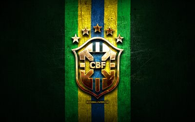 Brazil National Football Team, golden logo, South America, Conmebol, green metal background, Brazilian football team, soccer, CBF logo, football, Brazil