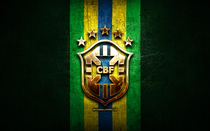 Brasiliens Herrlandslag I Fotboll, golden logotyp, Sydamerika, Conmebol, gr&#246;n metall bakgrund, Brasiliansk fotboll, fotboll, CBF logotyp, Brasilien