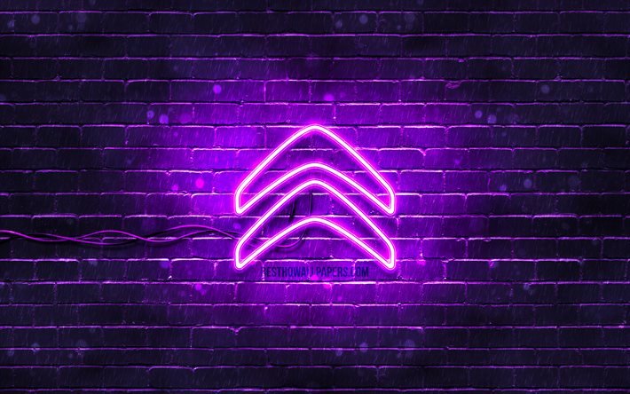 Citroen violetti logo, 4k, violetti brickwall, Citroen logo, autojen tuotemerkit, Citroen neon logo, Citroen