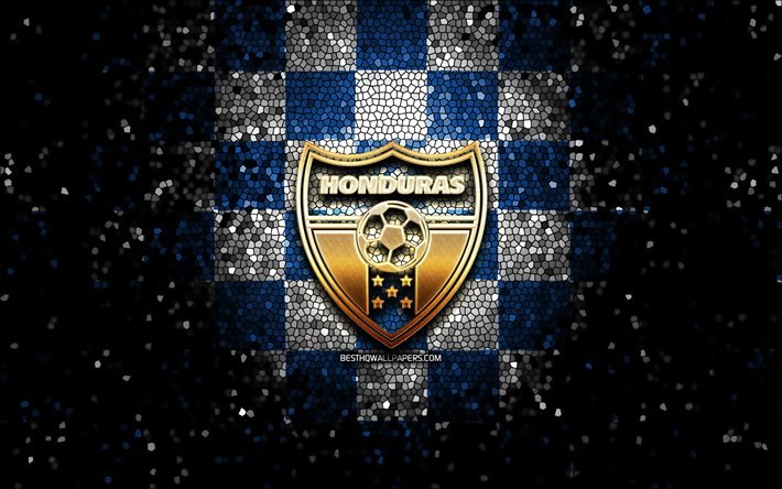 Squadra di calcio honduregno, logo glitter, CONCACAF, Nord America, sfondo a scacchi bianco blu, arte mosaico, calcio, Honduras National Football Team, logo FENAFUTH, Honduras
