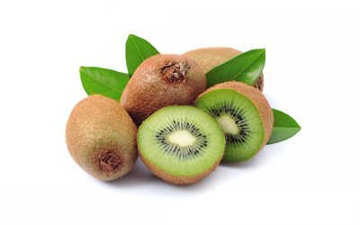 kiwi em um fundo branco, frutas, alimentos saud&#225;veis, kiwi, folhas verdes