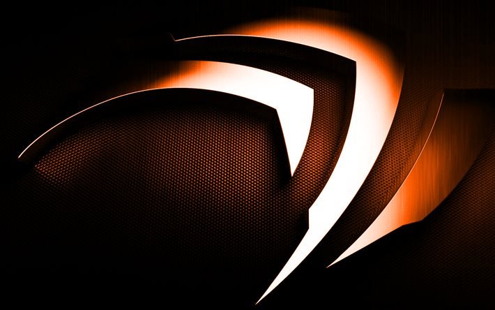 Oranssi NVIDIA-logo, 3D-taide, Oranssi metalli NVIDIA-logo, NVIDIA 3D -tunnus, luova taide, Oranssi NVIDIA-tausta