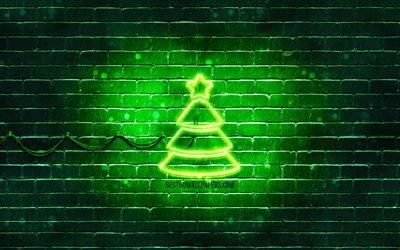 Christmas Tree neon icon, 4k, green background, neon symbols, Christmas Tree, creative, neon icons, Christmas Tree sign, holidays signs, Christmas Tree icon, holidays icons