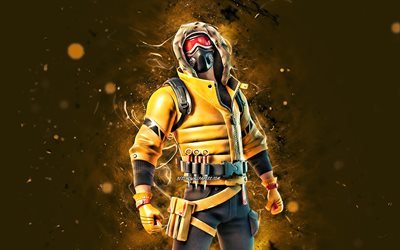Caution, 4k, yellow neon lights, 2020 games, Fortnite Battle Royale, Fortnite characters, Caution Skin, Fortnite, Caution Fortnite