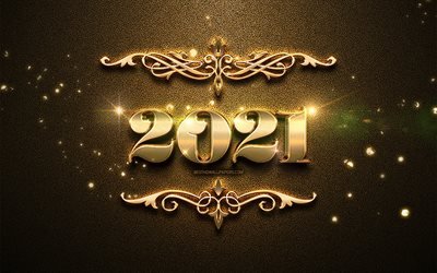 2021 new year, brown leather background, 2021 3D golden digits, 2021 concepts, 2021 on brown background, 2021 year digits, Happy New Year 2021