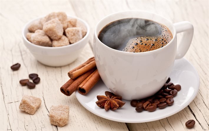 coffee cup, cinnamon sticks, coffee concepts, white coffee cup, sugar, coffee