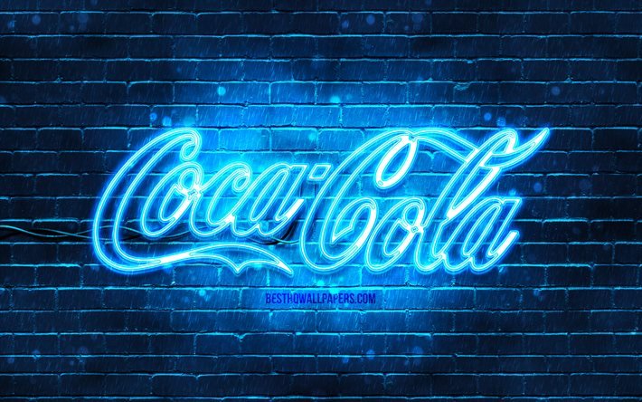 Logo blu Coca-Cola, 4k, muro di mattoni blu, logo Coca-Cola, marchi, logo neon Coca-Cola, Coca-Cola