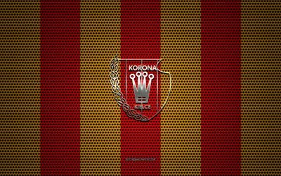 Logo Korona Kielce, squadra di calcio polacca, emblema in metallo, sfondo rosso giallo in rete metallica, Korona Kielce, Ekstraklasa, Kielce, Polonia, calcio