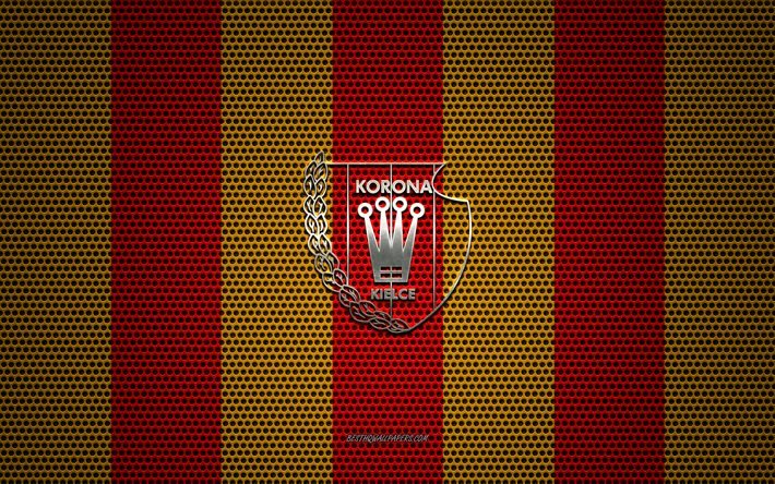 شعار Korona Kielce, نادي كرة القدم البولندي, شعار معدني, أحمر أصفر شبكة معدنية الخلفية, كورونا كيلسي, Ekstraklasa, كيلسيpoland kgm, بولندا, كرة القدم
