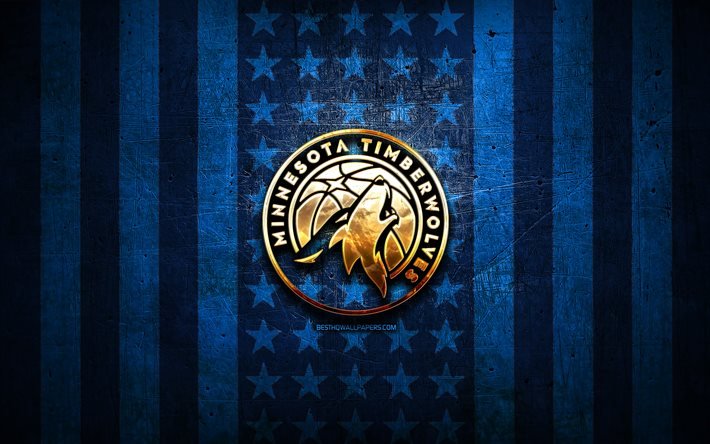 Minnesota Timberwolves -lippu, NBA, sininen metallitausta, amerikkalainen koripalloseura, Minnesota Timberwolves -logo, USA, koripallo, kultainen logo, Minnesota Timberwolves