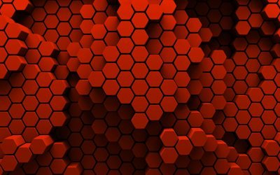 orange hexagons, 4k, 3D art, creative, honeycomb, hexagons patterns, orange hexagons background, hexagons textures, orange backgrounds, hexagons texture