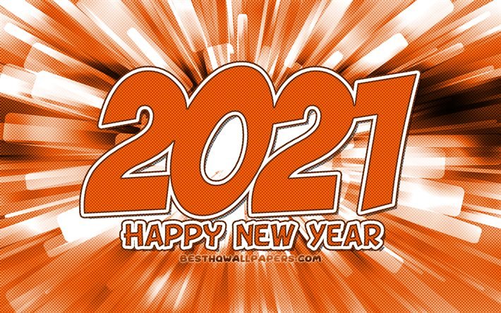 4k, 2021 nuovo anno, raggi astratti arancioni, 2021 cifre arancioni, 2021 concetti, 2021 su sfondo arancione, cifre anno 2021, Felice anno nuovo 2021