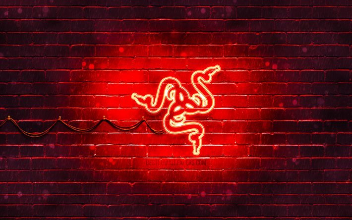 Logo rosso Razer, 4k, muro di mattoni rossi, logo Razer, marchi, logo neon Razer, Razer