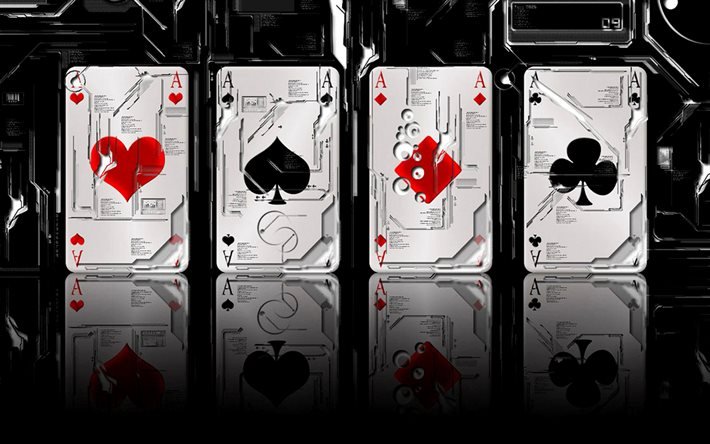 casino, 4 ases, naipes, p&#243;quer, arte 3D, bokeh, conceptos de casino, truco de cartas de 4 ases