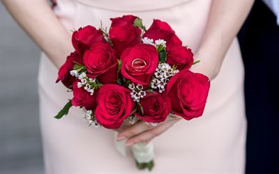 bride, wedding bouquet, red roses, wedding rings, roses, wedding, red flowers