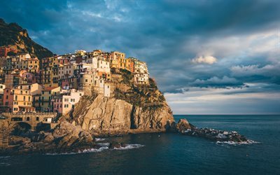 Cinque Terre, sunset, havet, Italien, kusten, Genuabukten, La Spezia, Ligurien