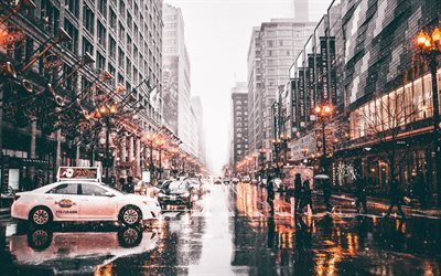 Chicago, sokak, kış, taksi, Amerika Birleşik Devletleri, Illinois